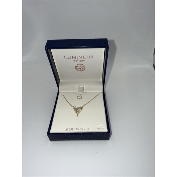 Lumineux- Sterling silver Sparkle Heart Necklace Gold Chain 16+2" - Picture 1 of 4